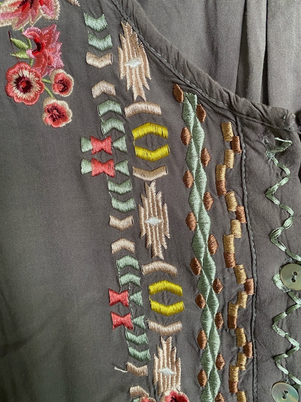 Embroidered V-Neck Women's Top in Gray with Pink Floral Detail - Picture 5 of 9